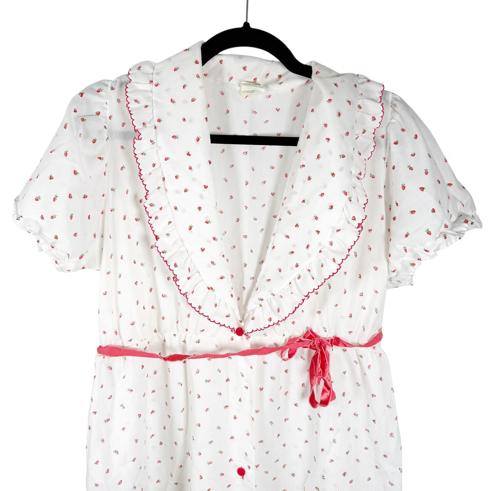 Vintage Strawberry Print Nightgown Robe Set Peignoir Pink White Cottage Size S - Picture 6 of 14